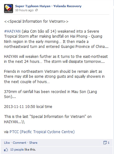  	Status cảnh báo người dân Việt Nam về siêu bão Haiyan của người Philippines (Ảnh chụp màn hình)