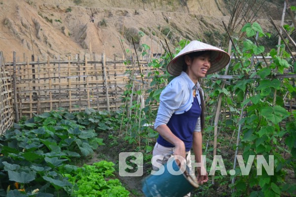 Cô giáo Châu chăm vườn rau sau giờ lên lớp.