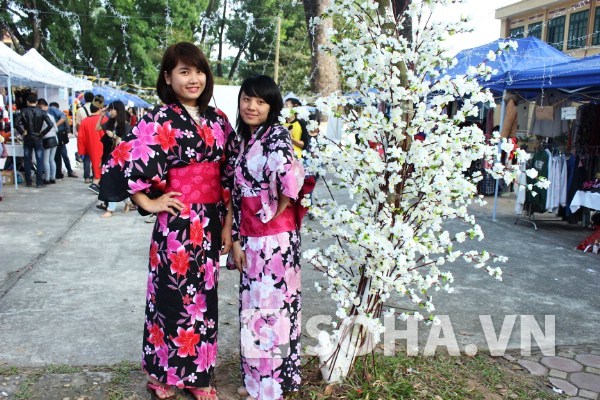 Những bạn trẻ yêu thích văn hóa Nhật Bản mặc Kimono chụp ảnh kỷ niệm ở con đường hoa anh đào.