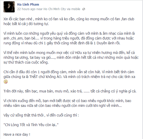  	Chia sẻ trên Facebook Hà Linh.