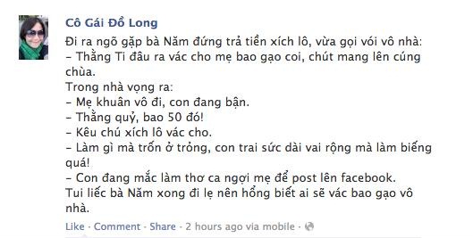 	Chia sẻ của Cô Gái Đồ Long trên facebook.