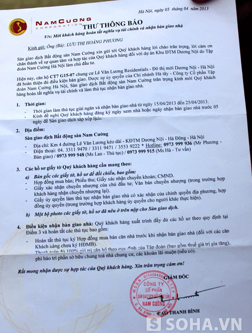 
	Thư thông báo khách hàng thanh toán nốt số tiền còn lại của hợp đồng và nhận bàn giao nhà từ phía Nam Cường.