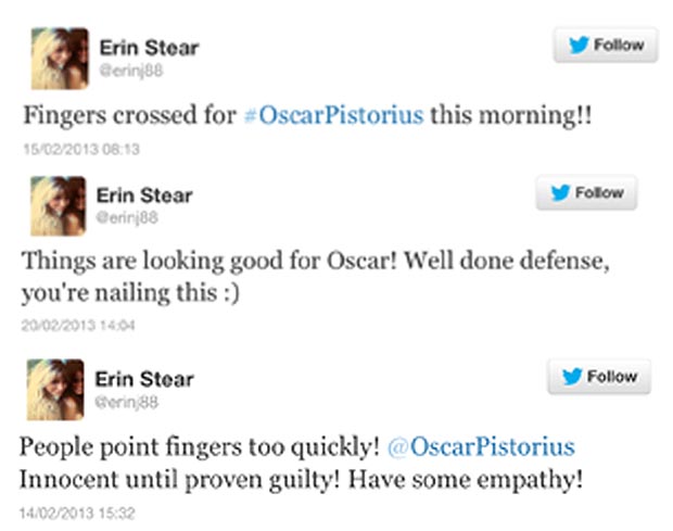 
	Erin liên tục bênh vực Oscar trên Twittter