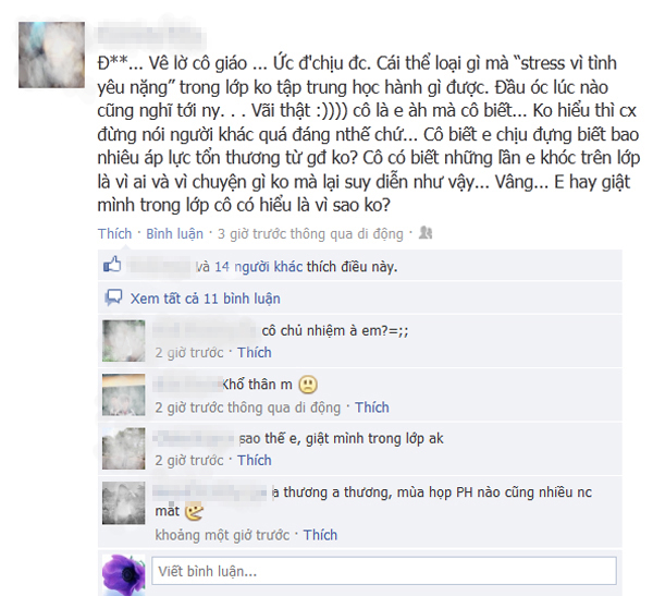 Facebook của học sinh nữ dùng lời lẽ không hay ho để nói về giáo viên của mình (ảnh chụp từ facebook).