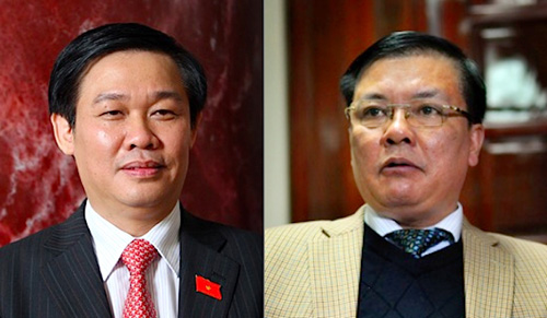 Bộ trưởng Tài chính Vương Đình Huệ (trái) và Tổng Kiểm toán Nhà nước Đinh Tiến Dũng (phải)