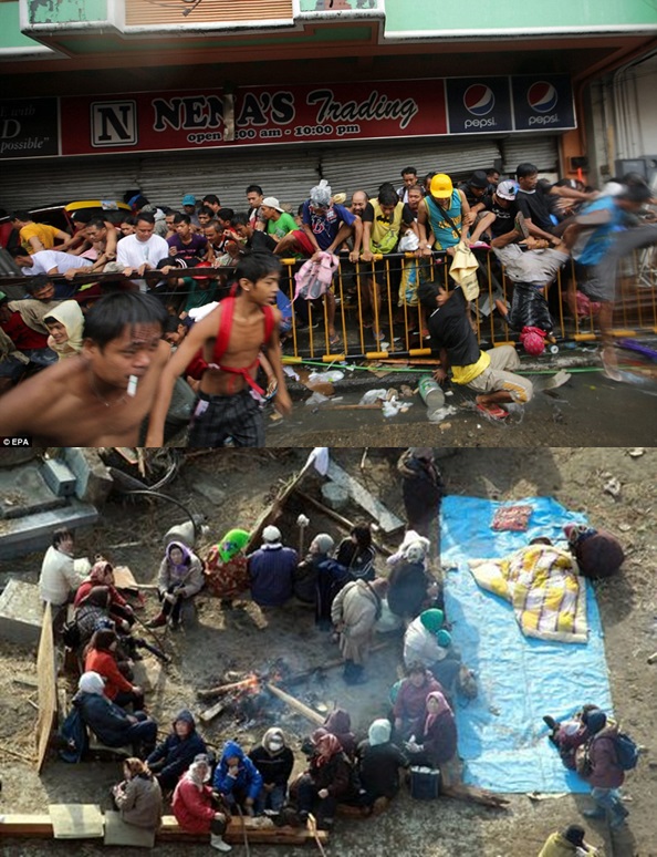  	Người dân Philippines nhảy qua hàng rào, chen lấn nhau tới nơi có hàng cứu trợ. Trong khi đó, người dân Nhật ngồi quây quần bên cạnh giữa những gì còn sót lại sau của trận sóng thần.
