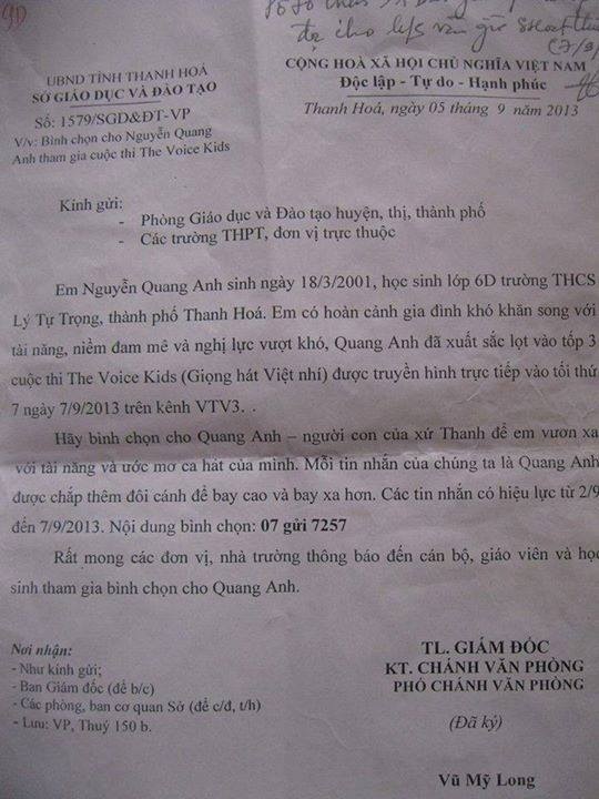 Công văn yêu cầu bình chọn cho Quang Anh được cho là của Sở Giáo dục và đào tạo Thanh Hoá.