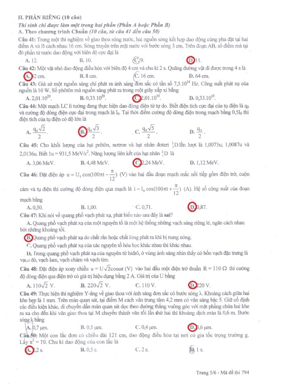 Phần đáp án từ câu 41 đến câu 50 mã đề 794