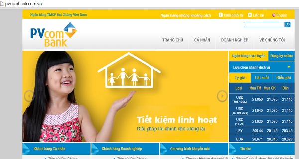 Website của ngân hàng PVcombank.