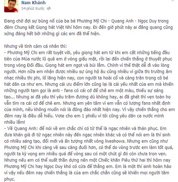 Bài viết trên Facebook Nam Khánh.