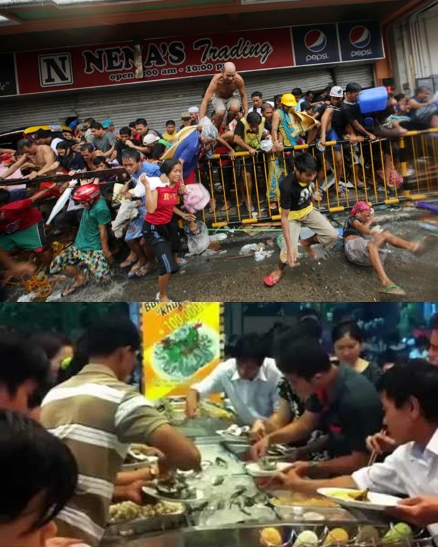 	Người dân Tacloban xô đẩy nhau nhảy qua hàng rào để tới nơi có thức ăn (ảnh trên). Những khách hàng ăn buffet dùng tay để tranh lấy thức ăn tại một nhà hàng ở thành phố Hồ Chí Minh (ảnh dưới)