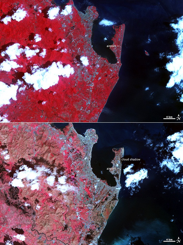  	Ảnh chụp thành phố Tacloban vào ngày 3.4.2004 và ngày 15/11/2013 - vài ngày sau khi bị siêu bão Haiyan tàn phá.