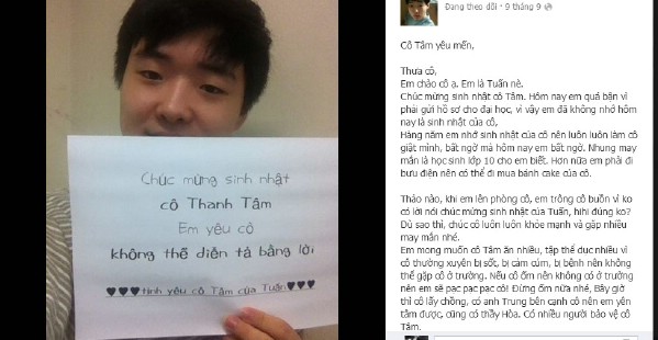 Cậu học trò người Hàn viết bức thư dài bằng tiếng Việt đưa lên facebook cá nhân để thể hiện tình cảm của mình đối với cô giáo người Việt.