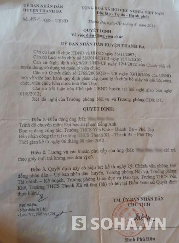 Quyết định thuyên chuyển công tác thầy Sơn về dạy tại Trường THCS Thanh Xá ngay đầu năm học 2012- 2013 sau khi vụ việc diễn ra.