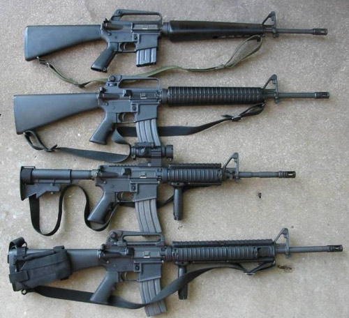  	Các phiên bản của M-16 (từ trên xuống M16A1, M16A2, M4 Carbine, M16A4)