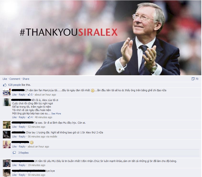 
	CĐV Việt Nam tri ân Sir Alex trên mạng xã hội ảo Facebook