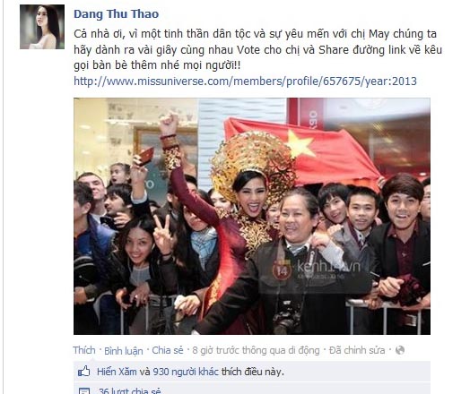 Đặng Thu Thảo kêu gọi ủng hộ Trương Thị May tại HHVV