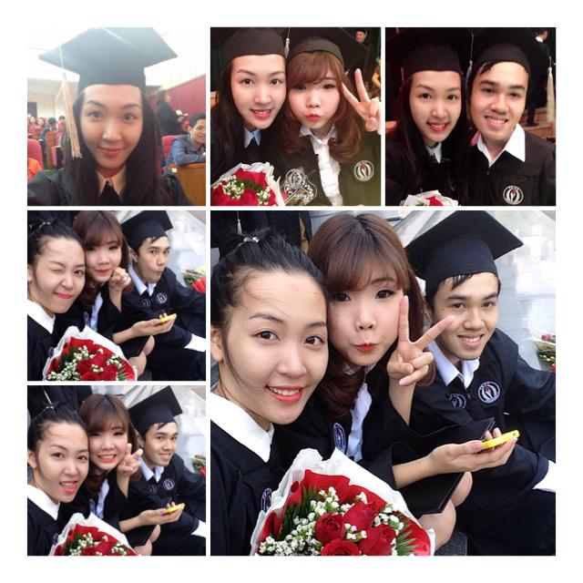 	Á hậu Thùy Trang chụp ảnh kỷ niệm cùng bạn bè ở buổi tốt nghiệp.