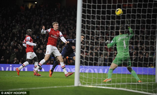 Van Persie có pha đánh đầu cực nguy hiểm ở cuối trận khiến thủ môn Arsenal phải đẩy bóng chạm xà ngang cứu thua