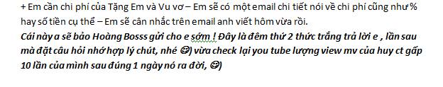 
	&quot;Đây là những bằng chứng cụ thể mà trước đây tôi đã đưa trên status.Tôi và anh Hải cộng tác với 05 dự án âm nhạc và một vài công việc truyền thông liên quan.Bắt đầu hợp tác từ ngày 28/12/2011 và kết thúc ngày 5/9/2012.Trong 2 dự án đầu (họp báo và Fanclub Party), phía anh Hải đều gửi lại chi phí.Ngày 23/05/2012, tôi yêu cầu gửi lại chi phí của dự án số 4 và số 5, và đây là email anh trả lời về việc này&quot;, Stepanie Thảo đề dẫn cho những email bằng chứng của mình.