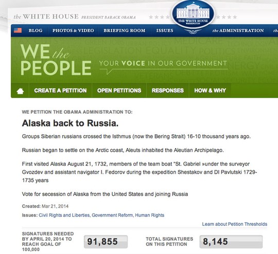Kiến nghị đòi Mỹ trả bang Alaska cho Nga trên website Nhà Trắng Ảnh: Global Post