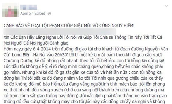 Đoạn chia sẻ trên facebook của cô gái trẻ