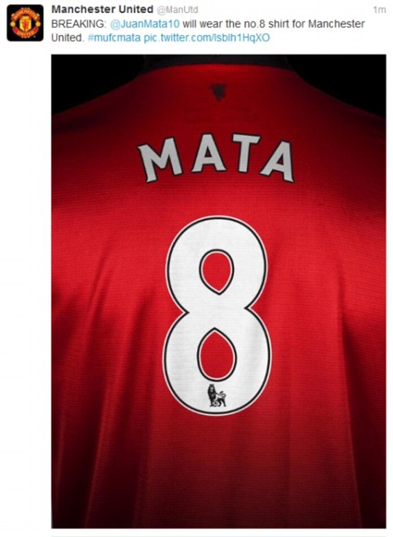 Trên trang Twitter chính thức của Man United đã cống bố số áo của Mata
