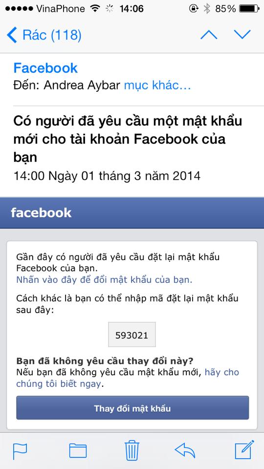 Andrea đưa ra bằng chứng bị hack facebook.