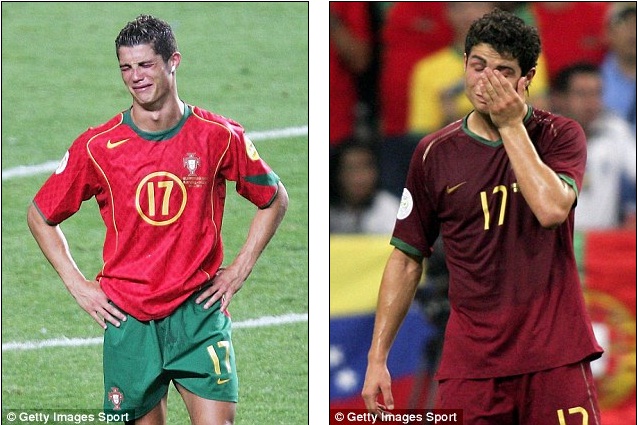  	Cris Ronaldo khóc năm 2004 khi Bồ Đào Nha thua Hy Lạp ở Chung kết Euro (trái) - Anh khóc một lần nữa khi BĐN thua Pháp tại bán kết World Cup 2006