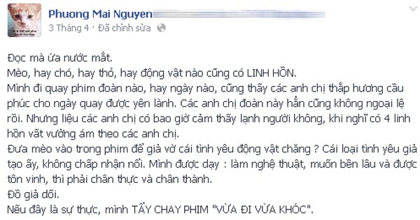 Phương Mai phẫn nộ sau khi nghe thông tin liên quan đến số phận của những chú mèo

tham gia diễn xuất trong Vừa Đi Vừa Khóc