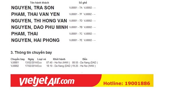 Thông tin khách hàng và thời gian chuyến bay VJ 8882 Đà Nẵng - Hà Nội theo kế hoạch ban đầu là khởi hành từ 18h10
