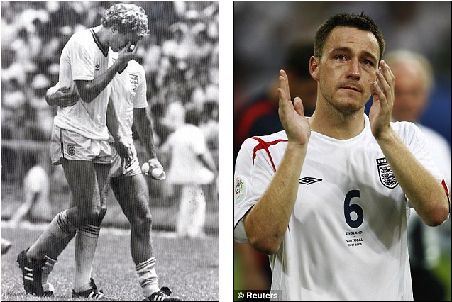  	Trung vệ Terry Butcher khóc khi Anh bị Argentina loại khỏi tứ kết World Cup 1986 (trái) - Terry, người được coi là kế vị Butcher, cũng khóc sau khi đá hỏng một quả luân lưu trước BĐN năm 2006