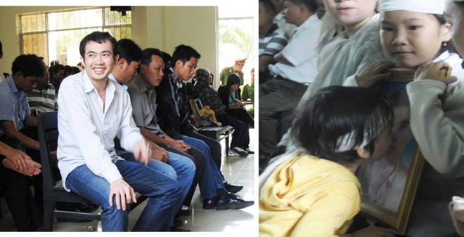 Hình ảnh đối lập tại phiên tòa. Bên trái là bị cáo Nguyễn Thân Thảo Thành (nhân viên cảnh sát TP.Tuy Hòa ) vẫn tươi cười trong khi cách đó chỉ 2m là hai đứa trẻ mồ côi do chính những hành động của anh ta.