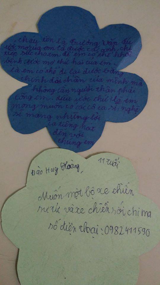 Cháu tên là Trương Văn Tú, ước mơ của em là được các anh chị tiếp sức cho em, để em có thể khỏi bệnh. Ước mơ thứ 2 của em là có thể đi lại được bằng chính đôi chân của mình mà không cần người thân phải cõng em. Điều ước thứ là em mong muốn các cô ca sĩ, nghệ sĩ mang những lời ca tiếng hát đến với chúng em.