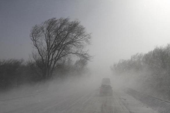 Các phương tiện giao thông di chuyển dọc một con đường phủ đầy tuyết trắng ở Stavropol, Nga.