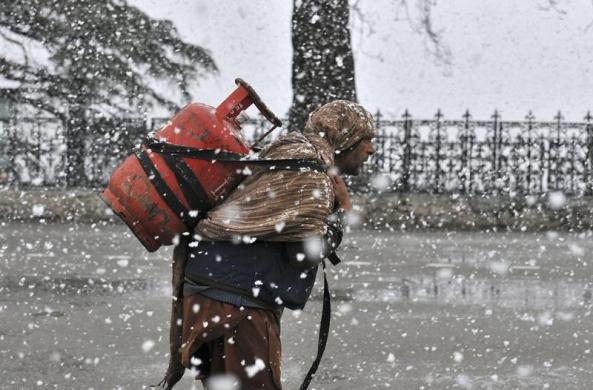 Một công nhân cõng bình gas trên lưng dưới trời mưa tuyết ở Shimla, Ấn Độ.