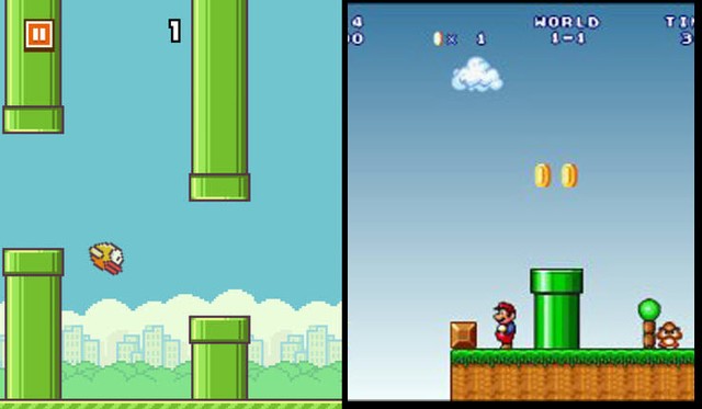 Ống khói xanh của Flappy Bird (trái) và ở game Mario của Nintendo (phải)