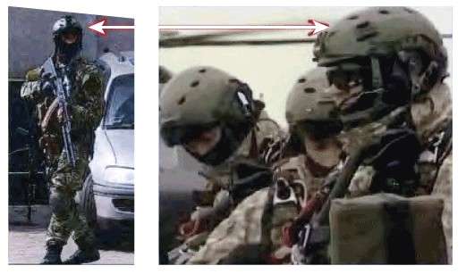 Mũ bảo vệ của của lực lượng dân quân Donbass (trái) giống với của đặc nhiệm Nga (phải)