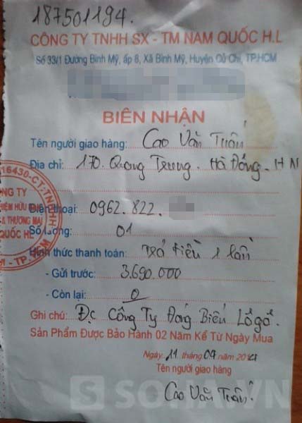 Giấy biên nhận được đối tượng giao lại cho gia đình ông Đồng, trên đó có ghi cả địa chỉ công ty, thậm chí có dấu đỏ của công ty