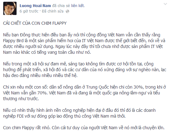 Dòng chia sẻ trên facebook Lương Hoài Nam