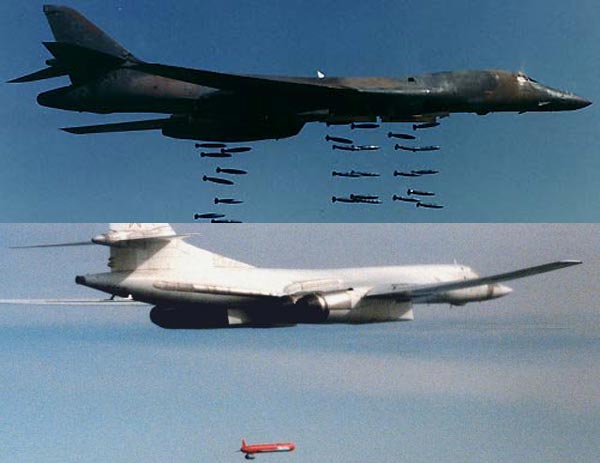 B-1B Lancer(ở trên) có khả năng mang tải trọng vũ khí lớn và đa dạng, trong khi đó Tu-160 ở dưới lại sở hữu khả năng tấn công tầm siêu xa.