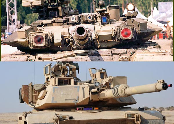 T-90(ở trên) được trang bị tới 3 lớp bảo vệ, còn M1A2(ở dưới) lại được trang bị loại giáp Chobham siêu cứng.