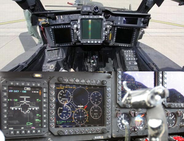 Một phần buồng lái của AH-64(ở trên) và Ka-50/52(ở dưới). Cả hai loại trực thăng này đều được trang bị hệ thống điện tử hàng không số hóa nhưng AH-64 có lợi thế hơn về hệ thống tìm kiếm và chỉ thị mục tiêu.