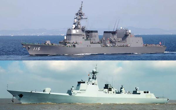 Akizuki(phía trên) và Type-052D(phía dưới) đều là những tàu khu trục thế hệ mới nhất của hải quân Nhật Bản và Trung Quốc.
