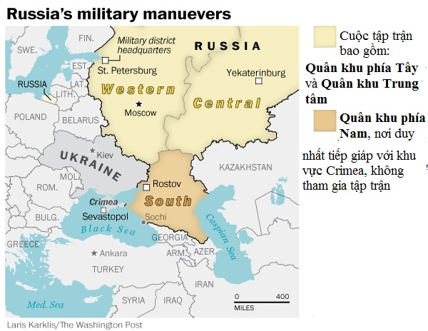 Bản đồ bố trí lực lượng quân sự Nga gần biên giới với Ukraine.