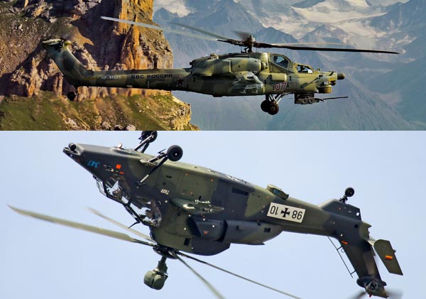 Mi-28(ở trên) có tốc độ bay cực nhanh trong khi tàng hình và nhanh nhẹn chính là điểm mạnh của Tiger(ở dưới)