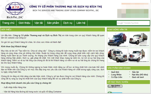 Thông tin về công ty Bích Thị trên website bichthi.com.