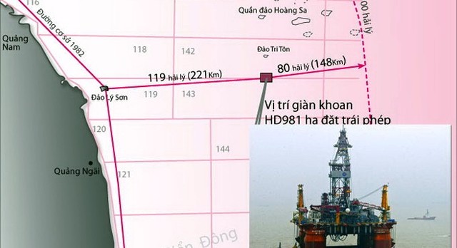 Sơ đồ vị trí giàn khoan HD981 của Trung Quốc hạ đặt trái phép nằm hoàn toàn trong vùng đặc quyền kinh tế, thềm lục địa của Việt Nam *Ảnh nhỏ: Giàn khoan HD981 khổng lồ của Trung Quốc - Ảnh: Tư Liệu - Đồ họa: Vĩ Cường