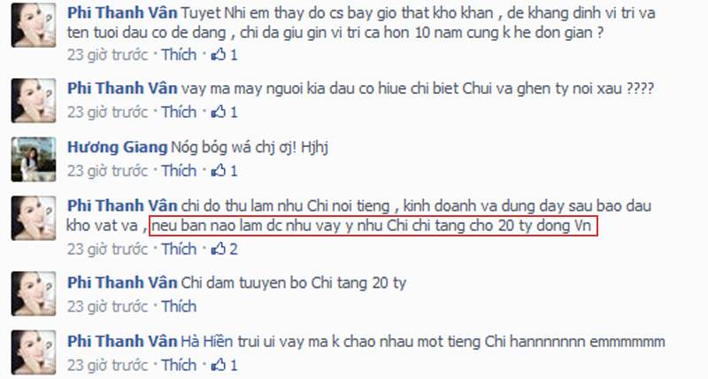  	Phi Thanh Vân lớn tiếng thách thức fan cuồng trên trang cá nhân.