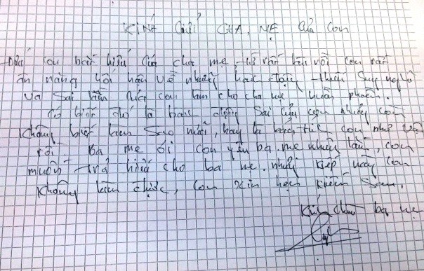 Lá thư trung sĩ Phúc viết cho bố mẹ trước khi xảy ra vụ nổ súng vào gần 100 cảnh sát (Ảnh: Zing)